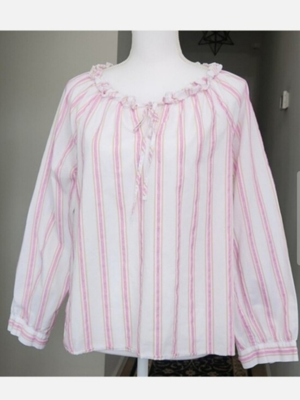 J. Crew Ruffle Neck Tie-Front Striped Blouse Cotton Popover Pink Tan Small - Picture 2 of 13